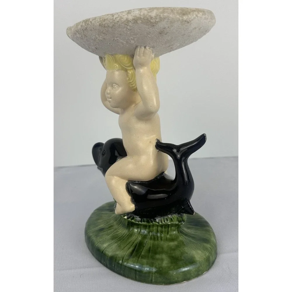 VTG Cherub Dolphin Soap Dish Ceramic Bathroom Vanity Tray Angel Shell Holder